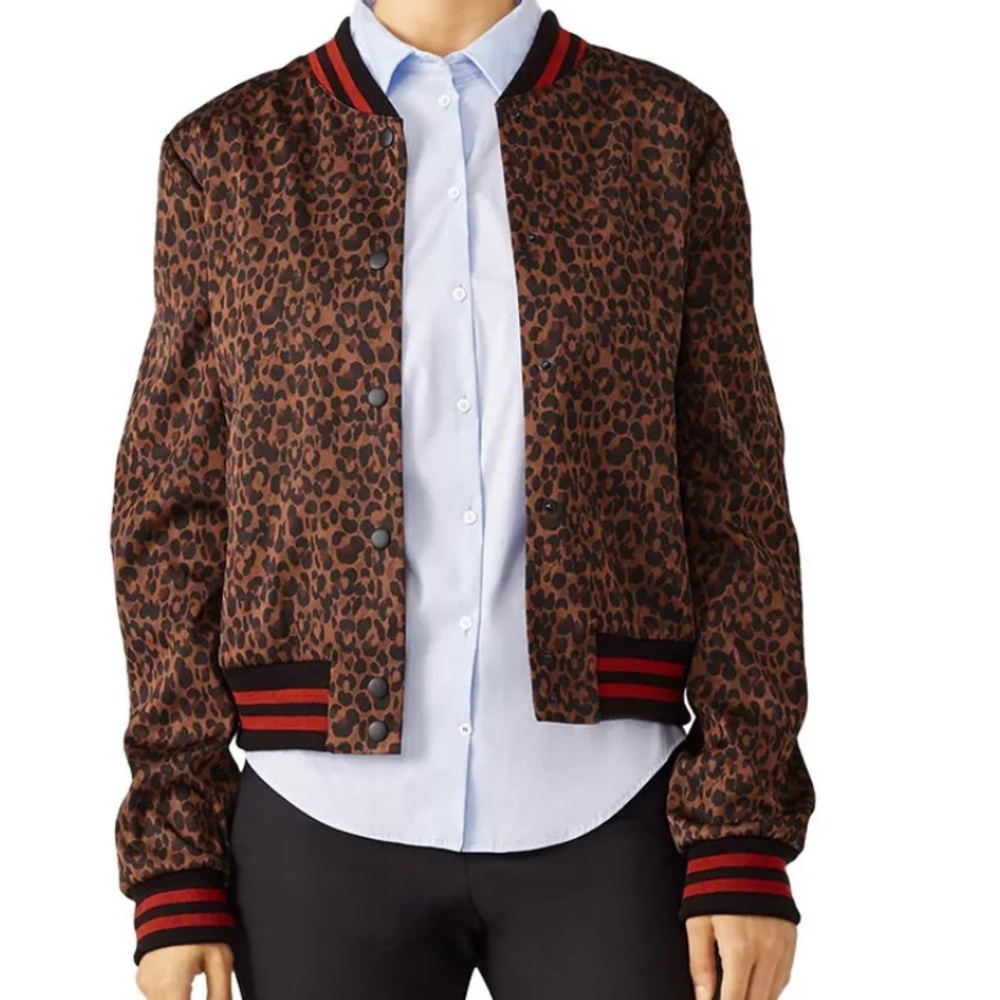 Bailey 44 Brown Leopard Print Bomber Jacket with Black & Red Trim
